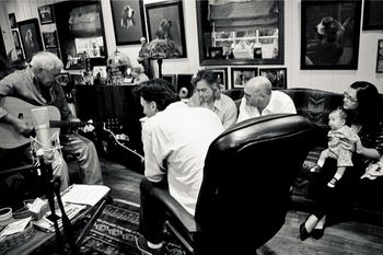 Working up a harmony arrangement with Tom T. Hall, Jim Lauderdale and Eric Brace. Baker Cooper (the short one) and Charlotte Cooper look on, presumably in awe and admiration.
